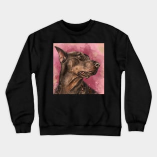 Painting of a Gorgeous a Brown Doberman on Dark Pink Background Crewneck Sweatshirt